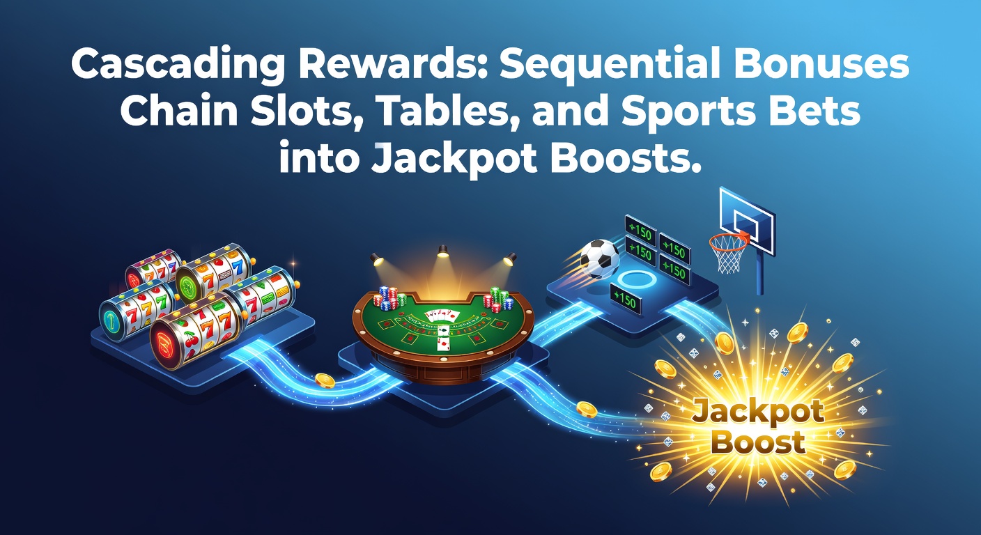 Grafik zeigt kaskadierende Boni, die von Slots über Live-Tische zu Sportwetten und Jackpots führen, mit farbigen Ketten und aufsteigenden Boosts