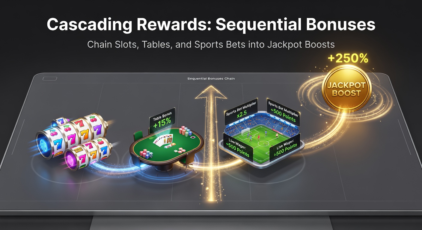 Detaillierte Illustration einer Bonus-Kette: Slot-Gewinne fließen in Live-Tisch-Chips, die zu Sportwetten-Quoten-Boosts und finalem Jackpot führen