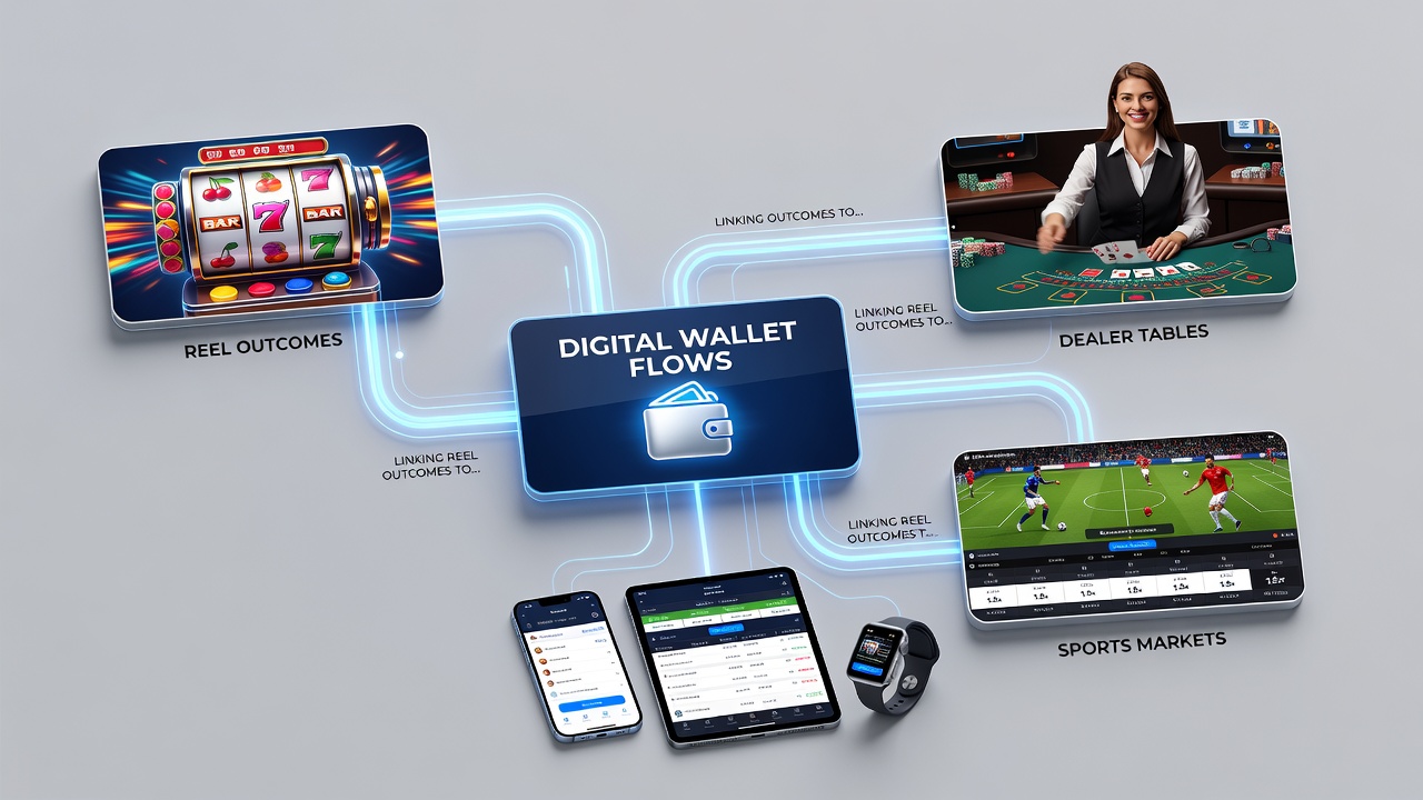 Schnittstelle einer mobilen App mit verknüpften Wallet-Funktionen für Slots, Dealer-Tische und Sportmärkte