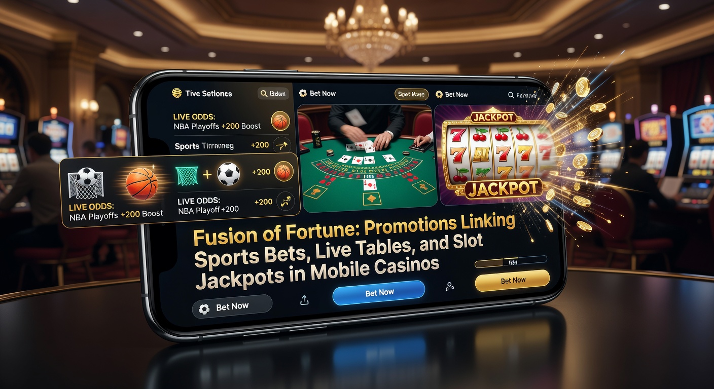 Screenshot einer Fusion-Promotion-App, die Sportwetten-Ergebnisse mit Live-Tisch-Boni und Slot-Jackpot-Trackern anzeigt