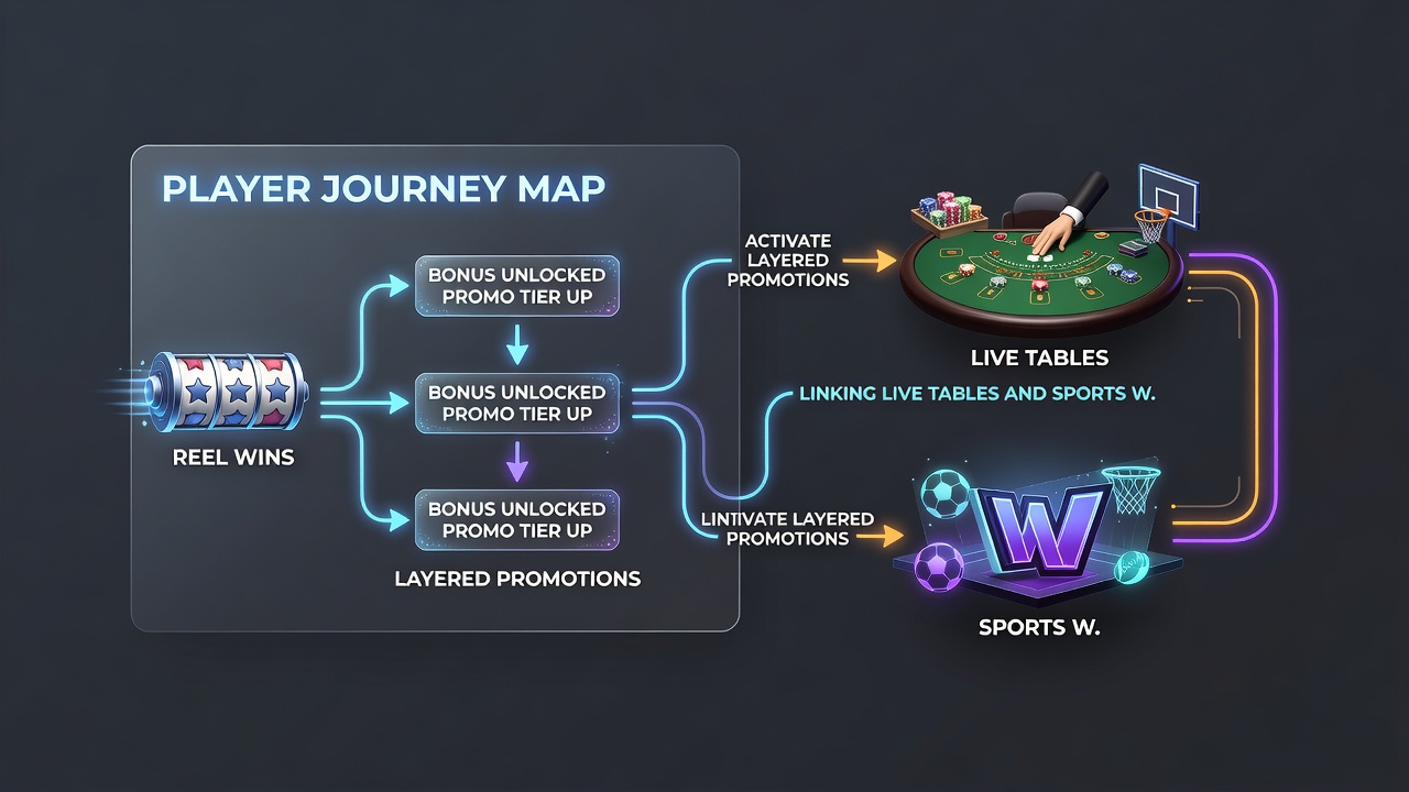 Illustration einer integrierten mobilen Schnittstelle, die Slot-Gewinne mit Live-Tisch-Promotionen und Sportwetten über Zahlungsnetzwerke verbindet