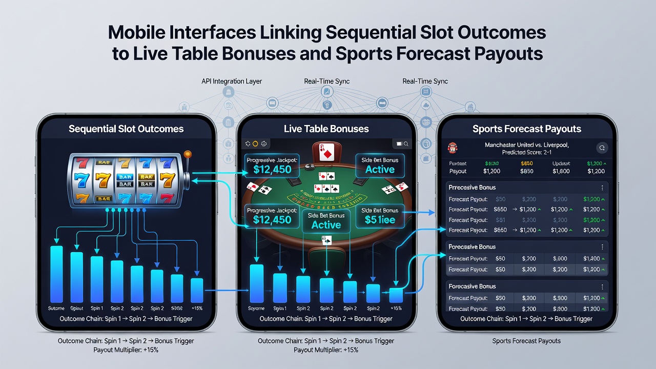 Darstellung eines mobilen Interfaces mit verknüpften Bonuswegen von Slots über Live-Tische zu Sportprognosen