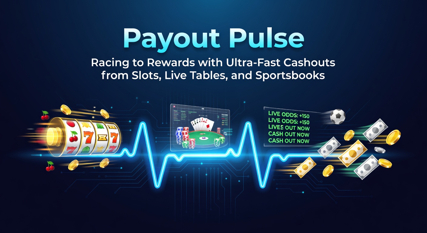 Dynamisches Grafik-Design mit pulsierenden Auszahlungs-Icons, Slots-Rädern, Live-Dealer-Tischen und Sportwetten-Symbolen, die ultraschnelle Cashouts symbolisieren