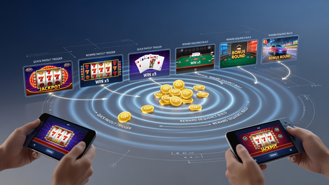 Illustration von Multi-Game-Belohnungssequenzen mit Fokus auf Handheld-Geräte und Transaktionsflüsse